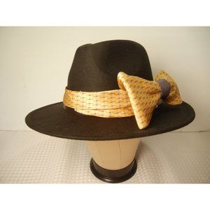 Boho Fedora woman's fancy big bow hat, Black fedora with yellow and blue hatband